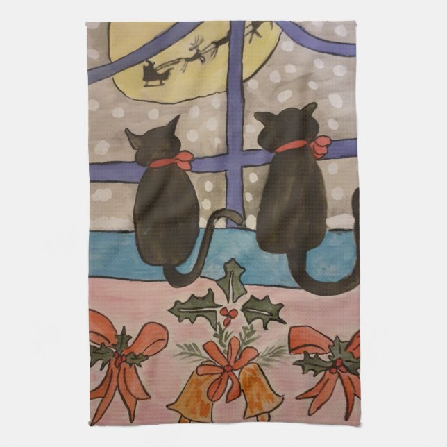 Black Cat Christmas Tea Towel (Vertical)