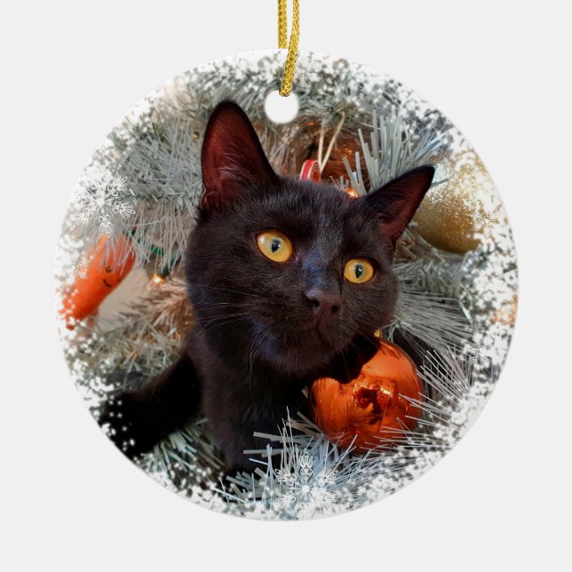 Black Cat, Christmas Tree  Ceramic Tree Decoration (Front)