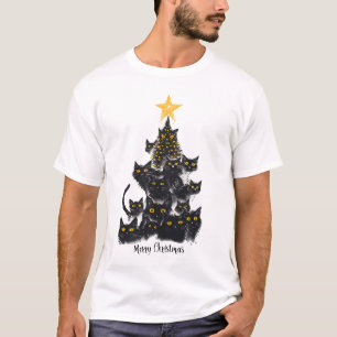 Black Cat Christmas Tree Design Sparkling Stars T-Shirt