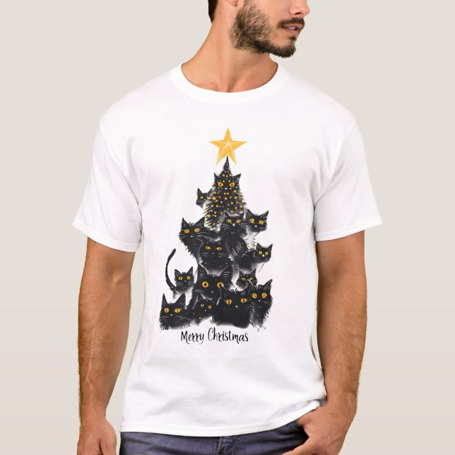 Black Cat Christmas Tree Design Sparkling Stars T-Shirt (Front)