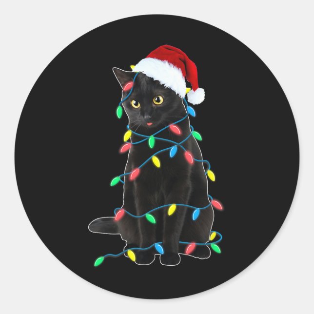 Black Cat Christmas Tree Lights Fun Santa Kitten L Classic Round Sticker (Front)