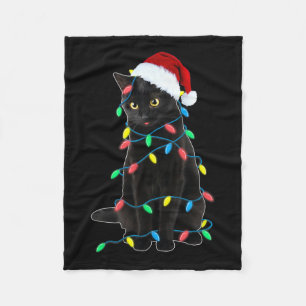 Black Cat Christmas Tree Lights Fun Santa Kitten L Fleece Blanket