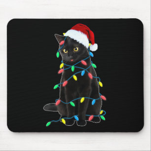 Black Cat Christmas Tree Lights Fun Santa Kitten L Mouse Mat