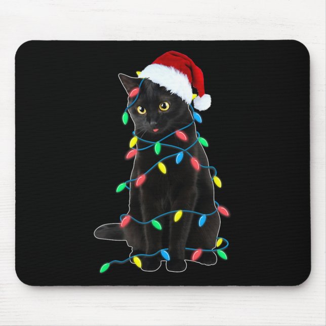Black Cat Christmas Tree Lights Fun Santa Kitten L Mouse Mat (Front)