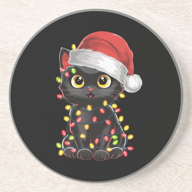 Black Cat Christmas Tree Lights Funny Santa Kitten Coaster (Front)