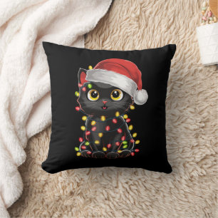 Black Cat Christmas Tree Lights Funny Santa Kitten Cushion