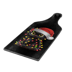 Black Cat Christmas Tree Lights Funny Santa Kitten Cutting Board