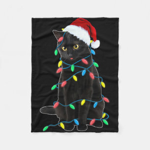 Black Cat Christmas Tree Lights Funny Santa Kitten Fleece Blanket