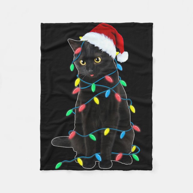 Black Cat Christmas Tree Lights Funny Santa Kitten Fleece Blanket (Front)