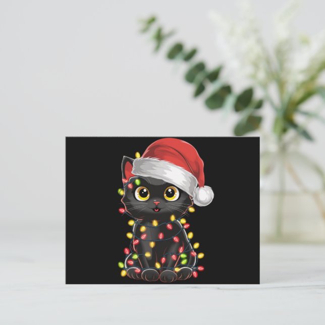 Black Cat Christmas Tree Lights Funny Santa Kitten Holiday Postcard (Standing Front)