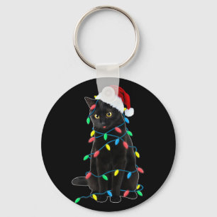 Black Cat Christmas Tree Lights Funny Santa Kitten Key Ring