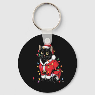 Black Cat Christmas Tree Lights Funny Santa Kitten Key Ring