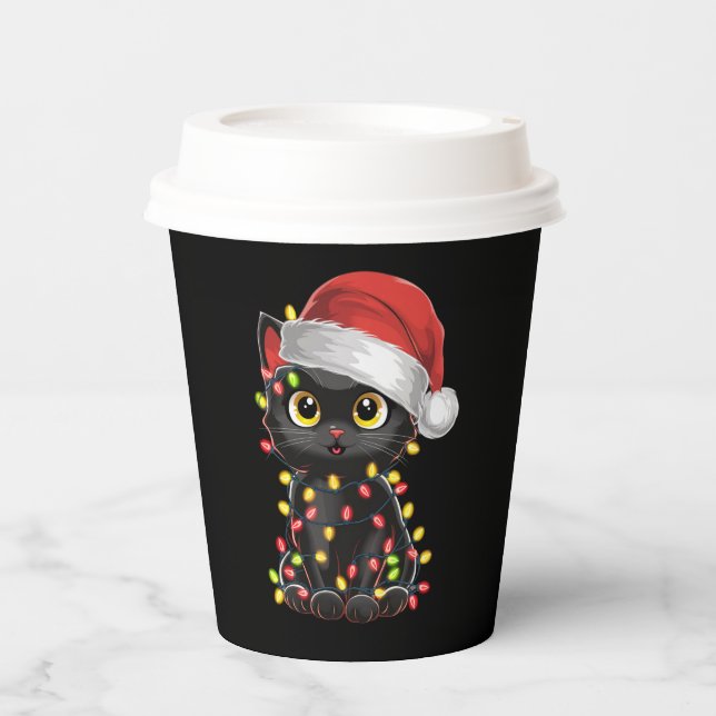 Black Cat Christmas Tree Lights Funny Santa Kitten Paper Cups (Front)