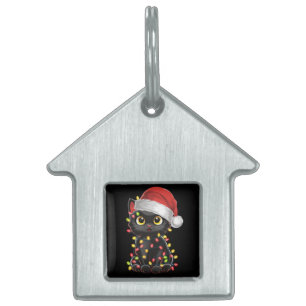 Black Cat Christmas Tree Lights Funny Santa Kitten Pet ID Tag
