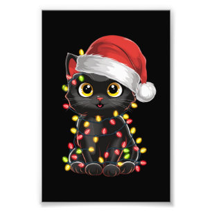 Black Cat Christmas Tree Lights Funny Santa Kitten Photo Print