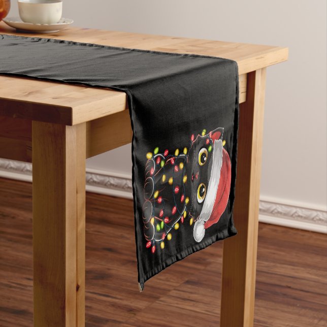 Black Cat Christmas Tree Lights Funny Santa Kitten Short Table Runner (In Situ)