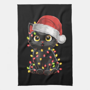 Black Cat Christmas Tree Lights Funny Santa Kitten Tea Towel