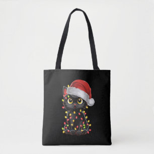 Black Cat Christmas Tree Lights Funny Santa Kitten Tote Bag