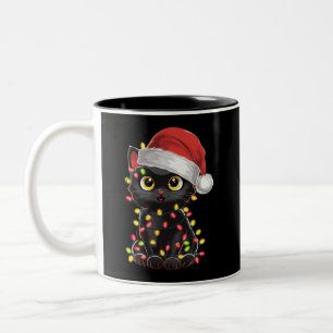 Black Cat Christmas Tree Lights Funny Santa Kitten Two-Tone Coffee Mug