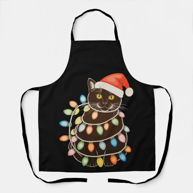 Black Cat Christmas Tree Lights Santa Hat Xmas Apron (Front)