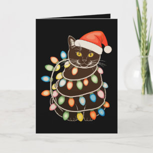 Black Cat Christmas Tree Lights Santa Hat Xmas Card