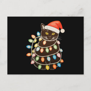 Black Cat Christmas Tree Lights Santa Hat Xmas Holiday Postcard