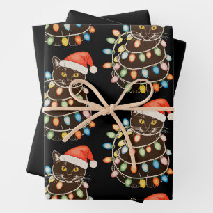 Black Cat Christmas Tree Lights Santa Hat Xmas Wrapping Paper Sheet
