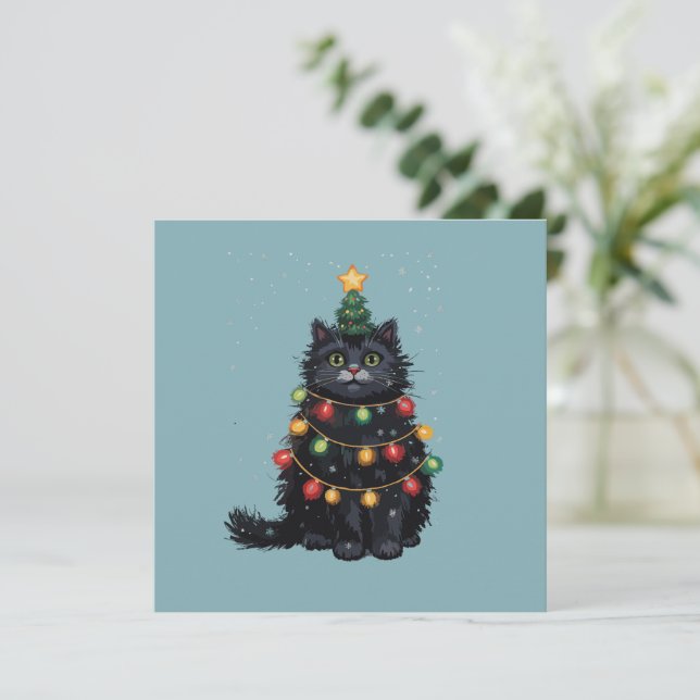 Black Cat Christmas Tree Oil Painting Altered  Holiday Card (Standing Front)