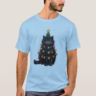 Black Cat Christmas Tree Oil Painting Altered T-Shirt