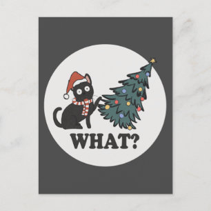 Black Cat Christmas Tree Santa Hat Funny What Cute Postcard