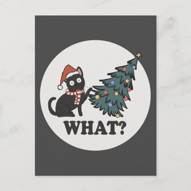 Black Cat Christmas Tree Santa Hat Funny What Cute Postcard (Front)