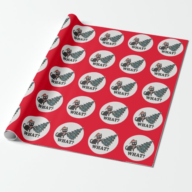 Black Cat Christmas Tree Santa Hat Funny What Cute Wrapping Paper (Unrolled)