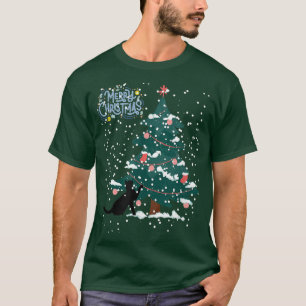 Black Cat Christmas Tree Snowing Merry Christmas T-Shirt
