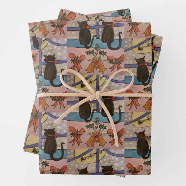 Black Cat Christmas Wrapping Paper Sheet Set (In situ)