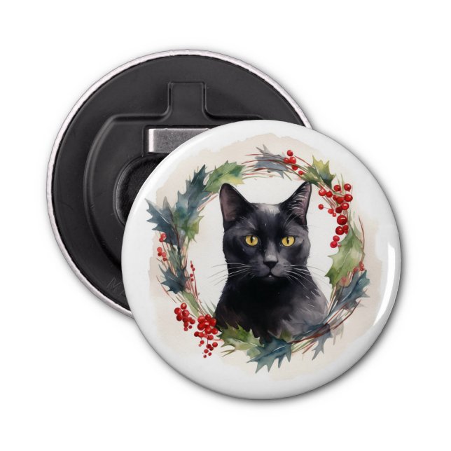 Black Cat Christmas Wreath Festive Kitten Bottle Opener (Front)