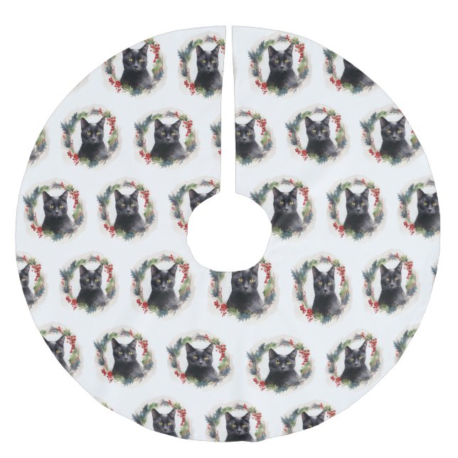 Black Cat Christmas Wreath Festive Kitten Brushed Polyester Tree Skirt (Front)