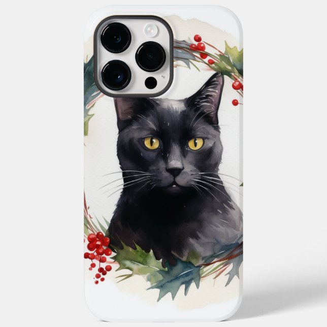Black Cat Christmas Wreath Festive Kitten Case-Mate iPhone Case (Back)
