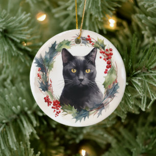 Black Cat Christmas Wreath Festive Kitten Ceramic Tree Decoration