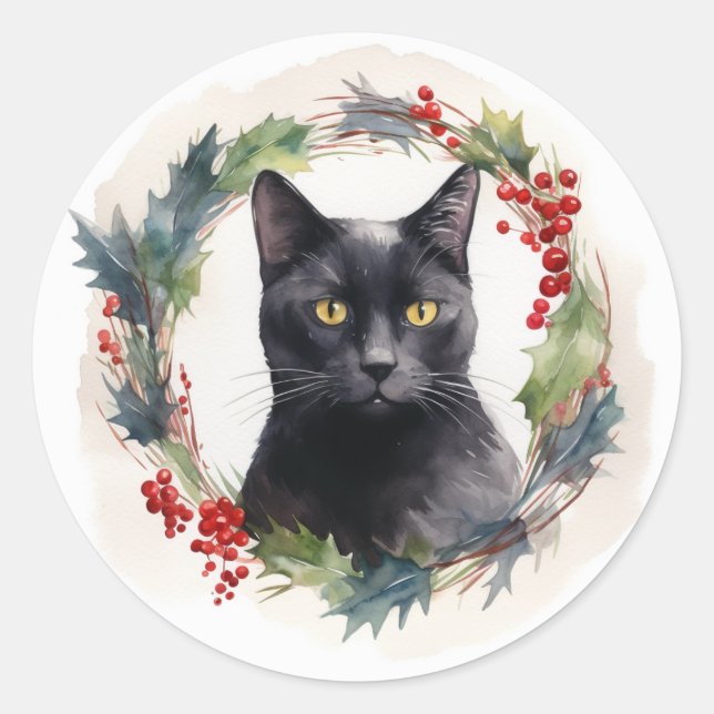 Black Cat Christmas Wreath Festive Kitten Classic Round Sticker (Front)