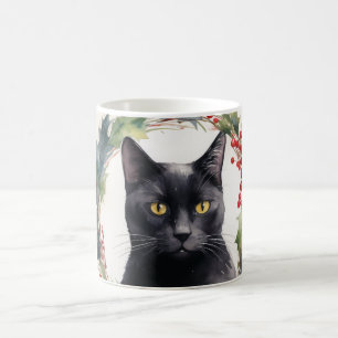 Black Cat Christmas Wreath Festive Kitten Coffee Mug