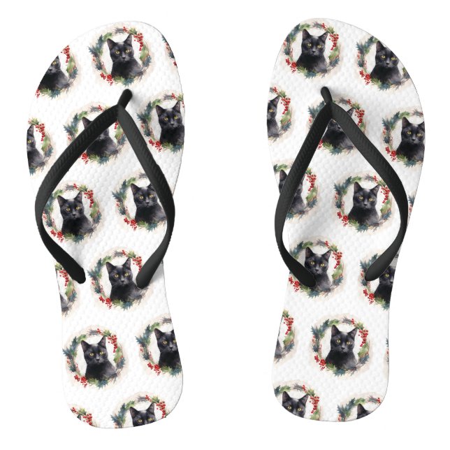 Black Cat Christmas Wreath Festive Kitten Flip Flops (Footbed)