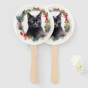 Black Cat Christmas Wreath Festive Kitten Hand Fan