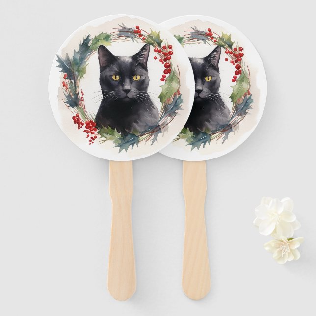 Black Cat Christmas Wreath Festive Kitten Hand Fan (Front and Back)