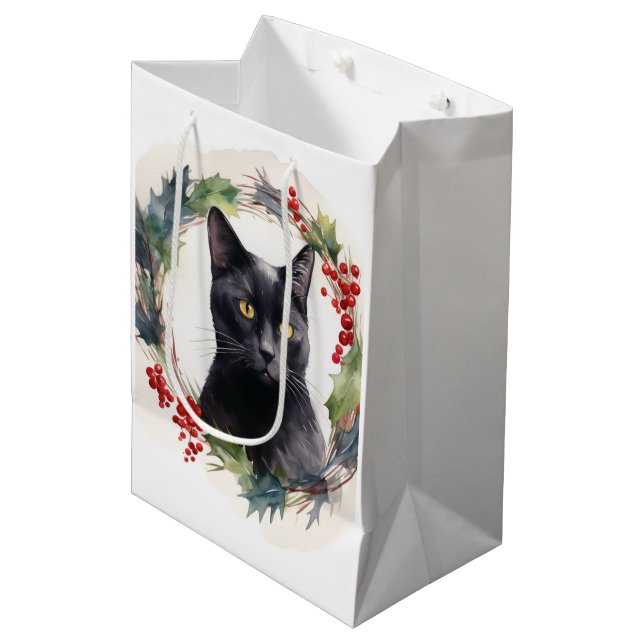 Black Cat Christmas Wreath Festive Kitten Medium Gift Bag (Front Angled)