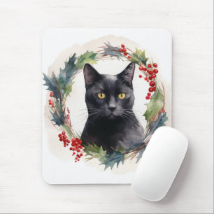 Black Cat Christmas Wreath Festive Kitten Mouse Mat