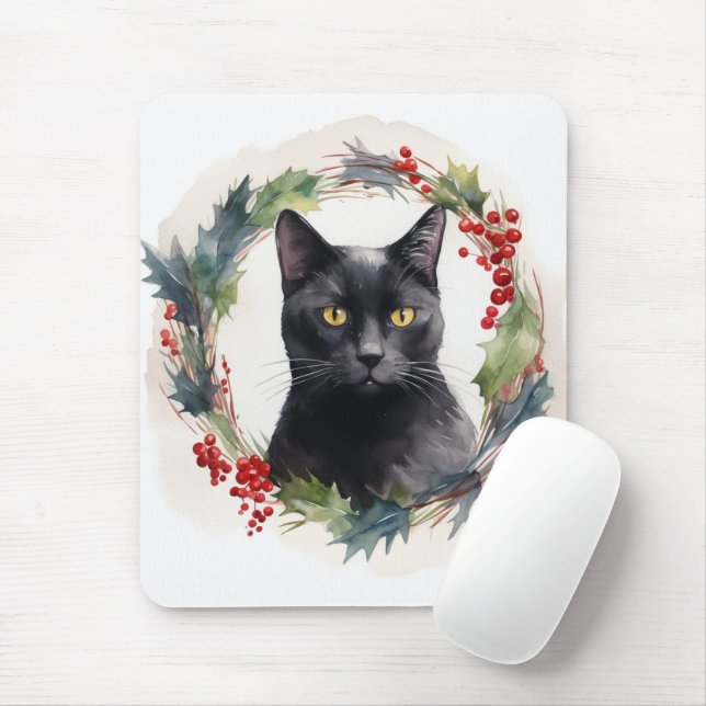 Black Cat Christmas Wreath Festive Kitten Mouse Mat (With Mouse)