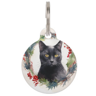 Black Cat Christmas Wreath Festive Kitten Pet Tag