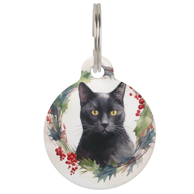 Black Cat Christmas Wreath Festive Kitten Pet Tag (Front)