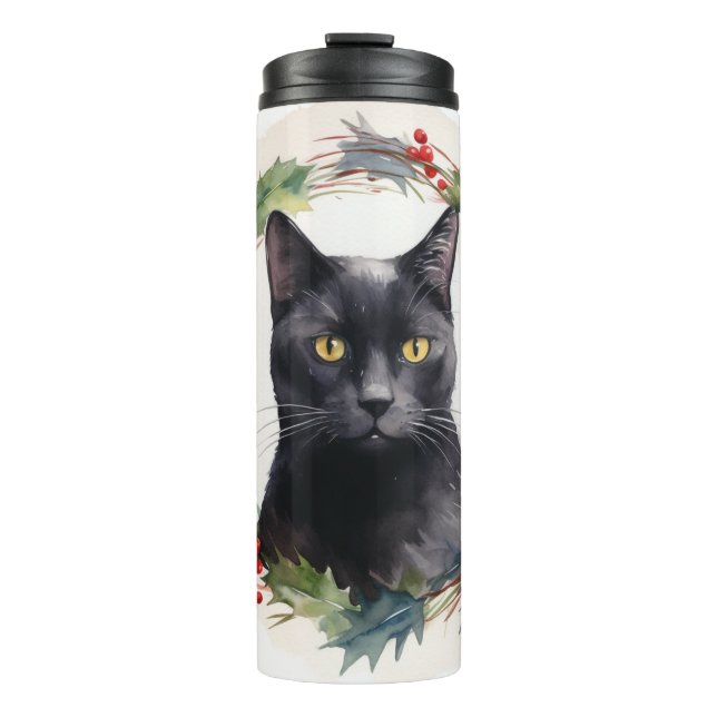 Black Cat Christmas Wreath Festive Kitten Thermal Tumbler (Front)