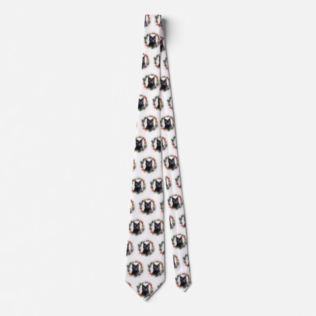 Black Cat Christmas Wreath Festive Kitten Tie (Front)